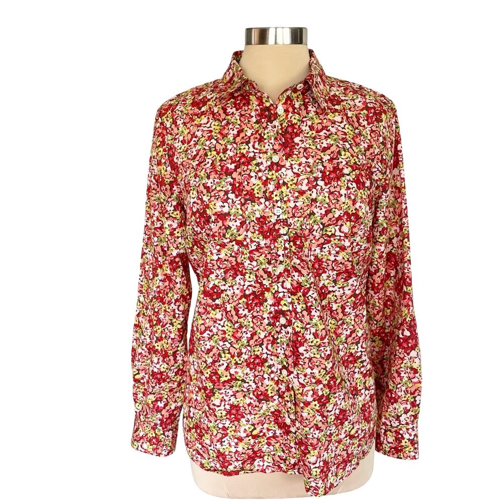 Talbots Red Floral Button Up Shirt Size 12p Roll Tab Sleeves Classic Work Wear
